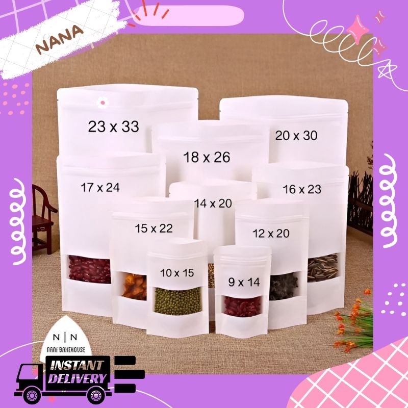 Craft white standing pouch | kemasan paper ziplock putih | kemasan granola kopi keripik