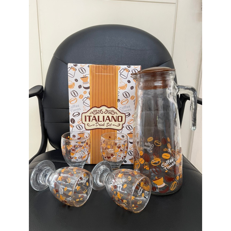 Italiano Drink Set 1set( 1 Teko, dan 4 Gelas kaki printing) /Drink Set Printing Coffee Murah dan Ber