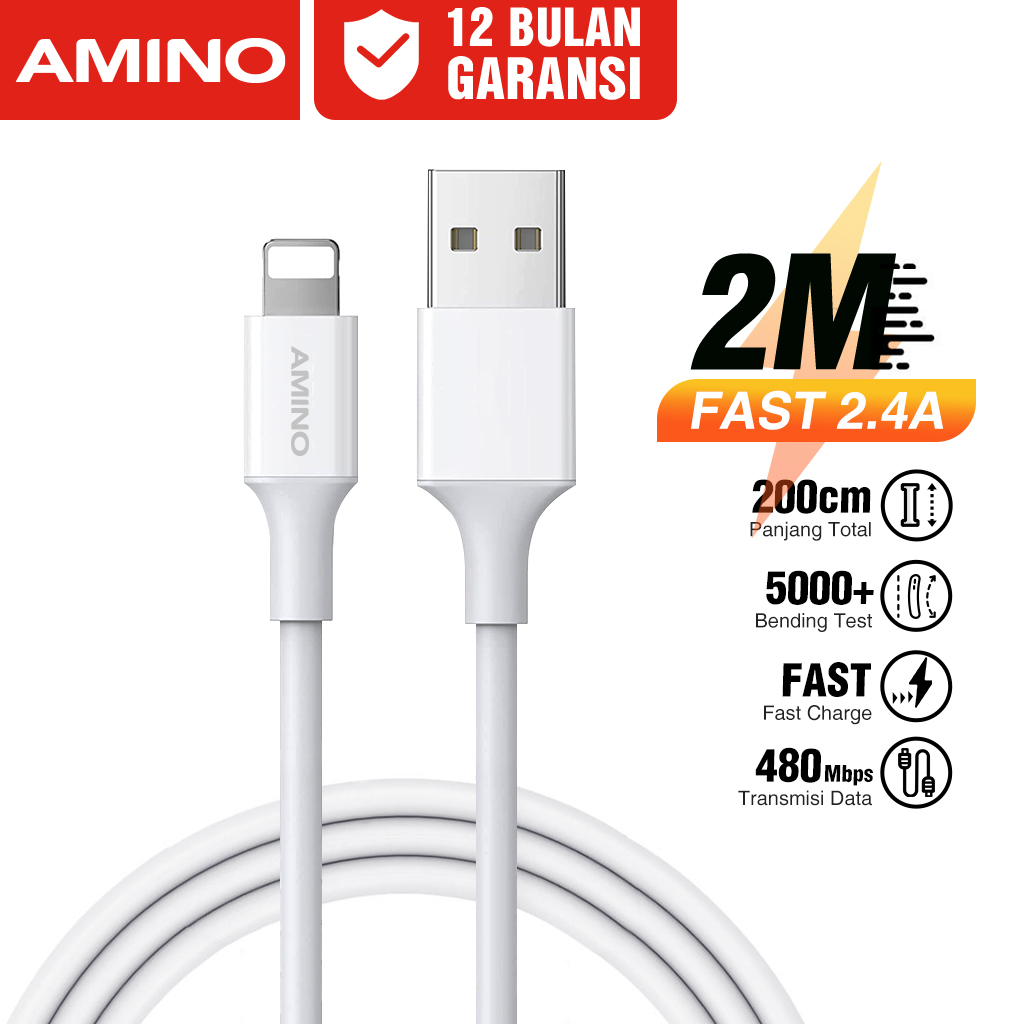 AMINO 2M Kabel Data Untuk Iphone 2.4A Cable data Fast Charger 2M For IP 14 Pro Max 13 12 11 XR XS 7 