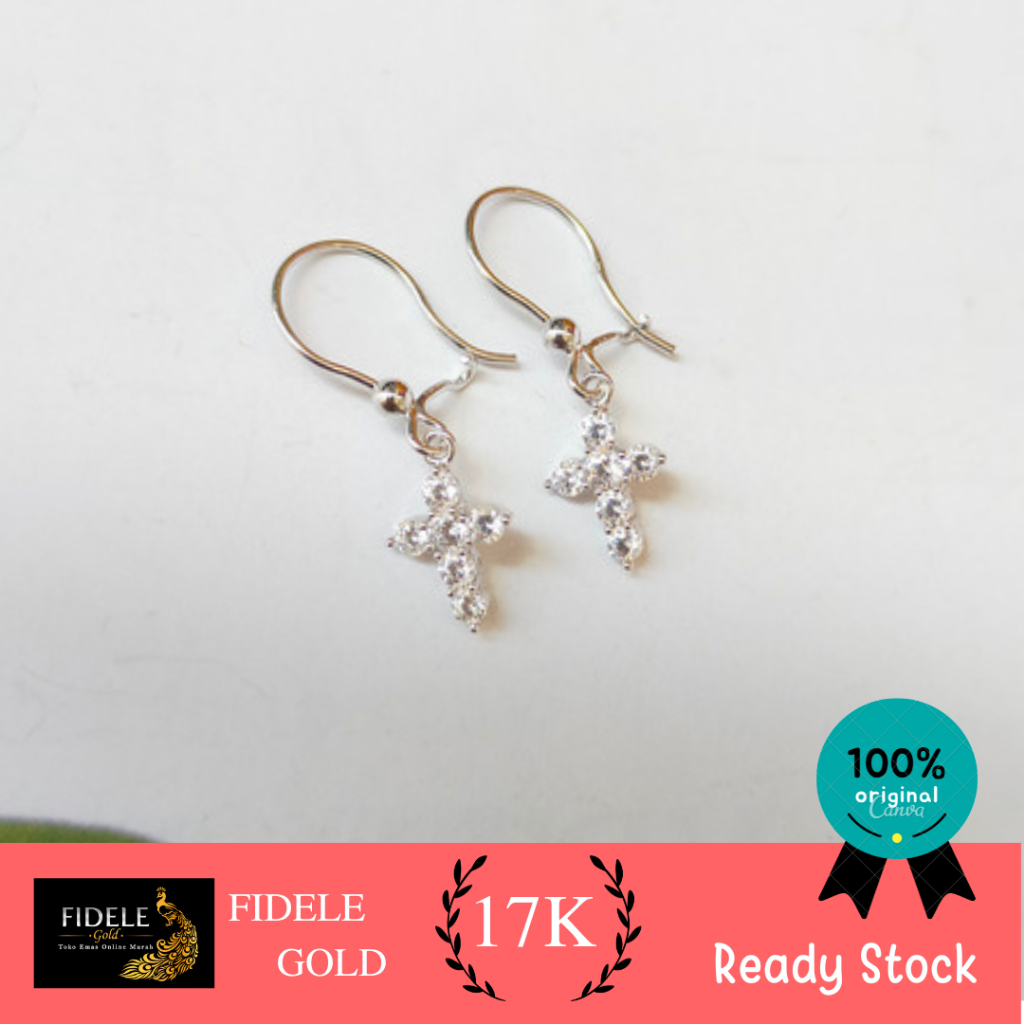 Anting-anting salib emas putih asli 750 22K