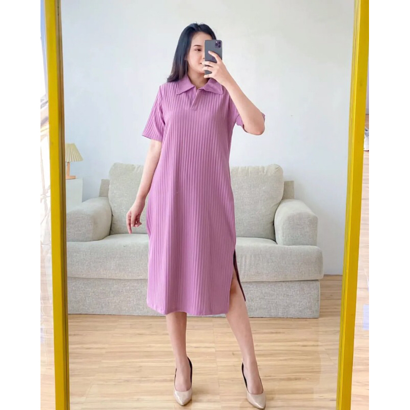 DRESS KOREA MATILDA KNIT SLIT DRESS CNY POLOS RIB RAJUT PREMIUM DRESS KERAH COLLAR