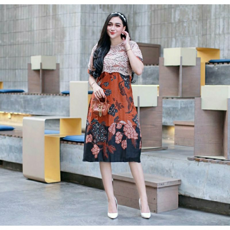 Dress Batik Kombinasi Brokat Wanita Dress Batik Brokat Kombinasi