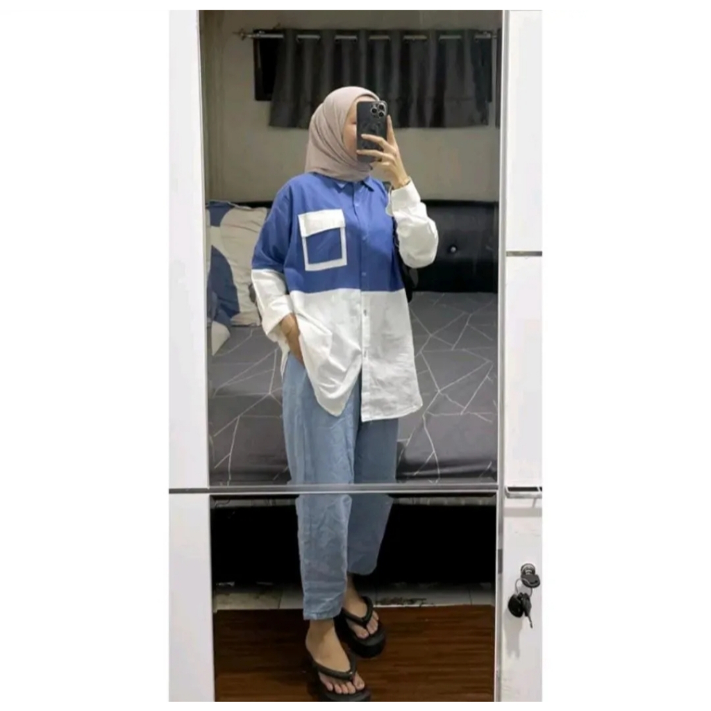 KEMEJA CRINKLE KOMBINASI / ATASAN WANITA PECAH POLA KANTONG SATU / BLOUSE PECAH POLA SIDE POCKET