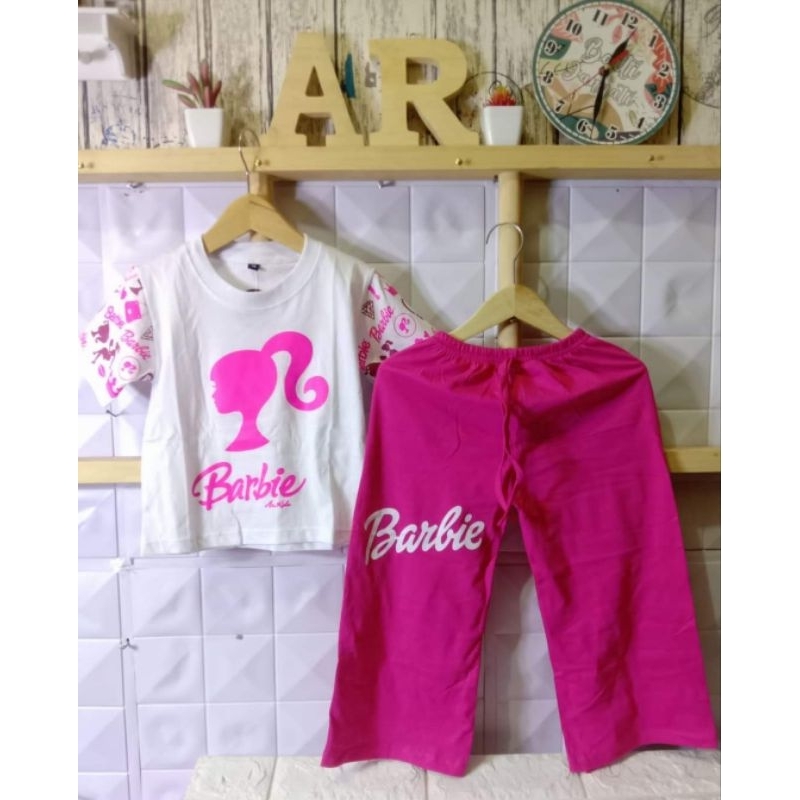 Setelan Barbie Anak Perempuan Bahan Katun Combed 24s Kaos Viral Model Terbaru 2023