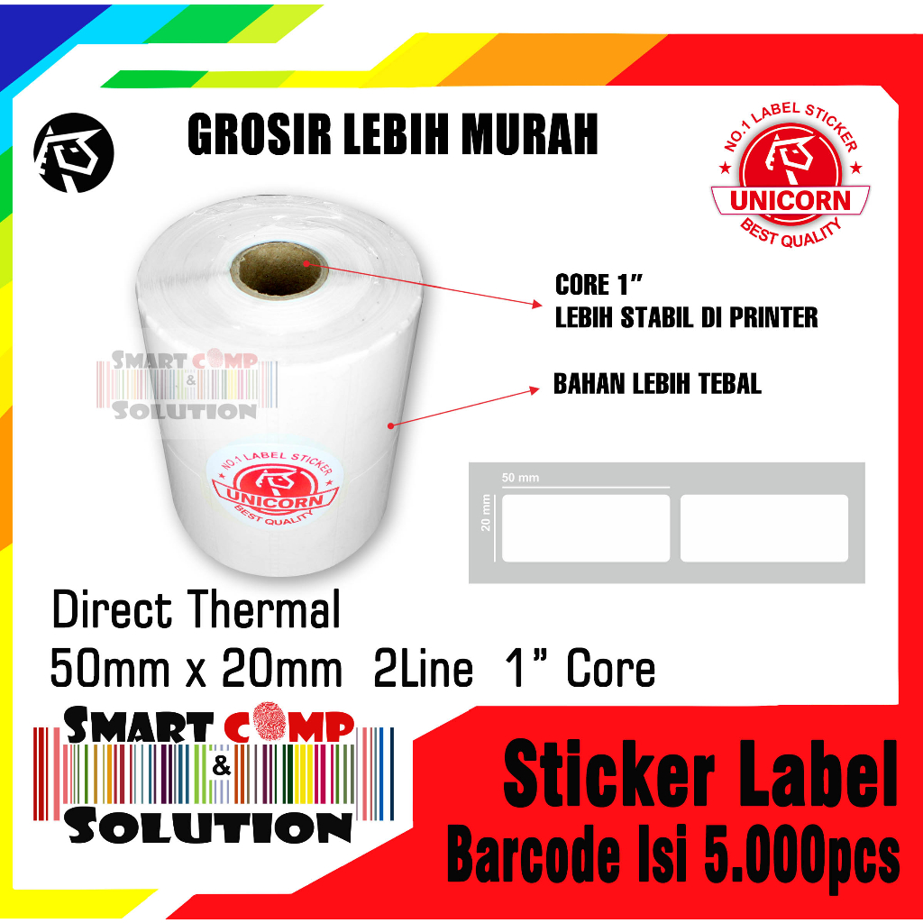 

Stiker Label Barcode Thermal 50x20mm / 50x20 mm 2L isi 5.000pcs