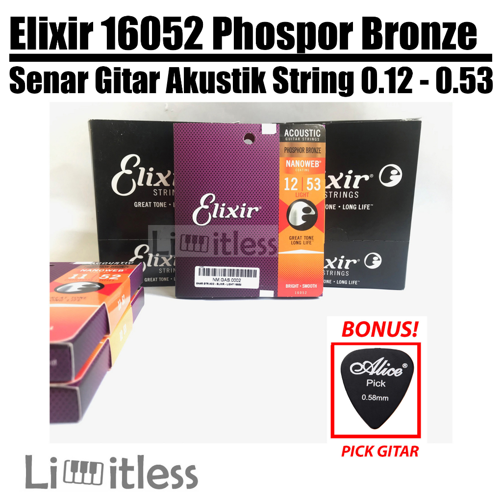 Elixir 16052 Senar Gitar Akustik String 012 - 053 Phospor Bronze Nanoweb Strings Original