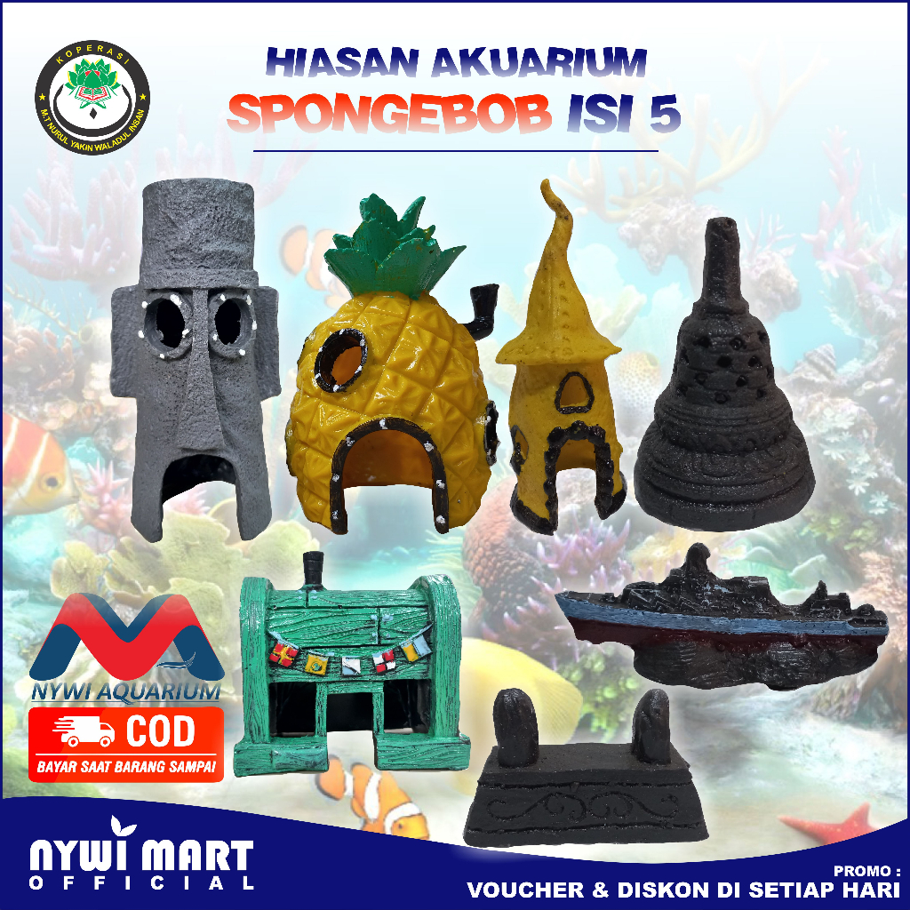 ( ISI 7 ) Hiasan Aquarium resin kuburan jamur tuan crab squidward candi tuan crab miniatur kartun sp