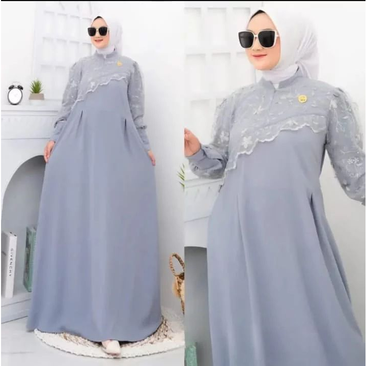 Crinkle Meisya Dress Gamis Muslim Wanita Bahan Crinkle Airflow Mix Brukat Baju Dress Wanita Kekinian Casual Dress GOM