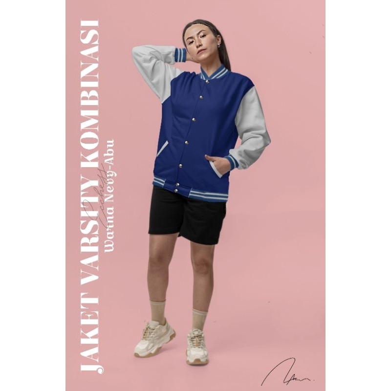 Jacket Varsity kombinasi Abu navy polos pria/wanita Bisa COD