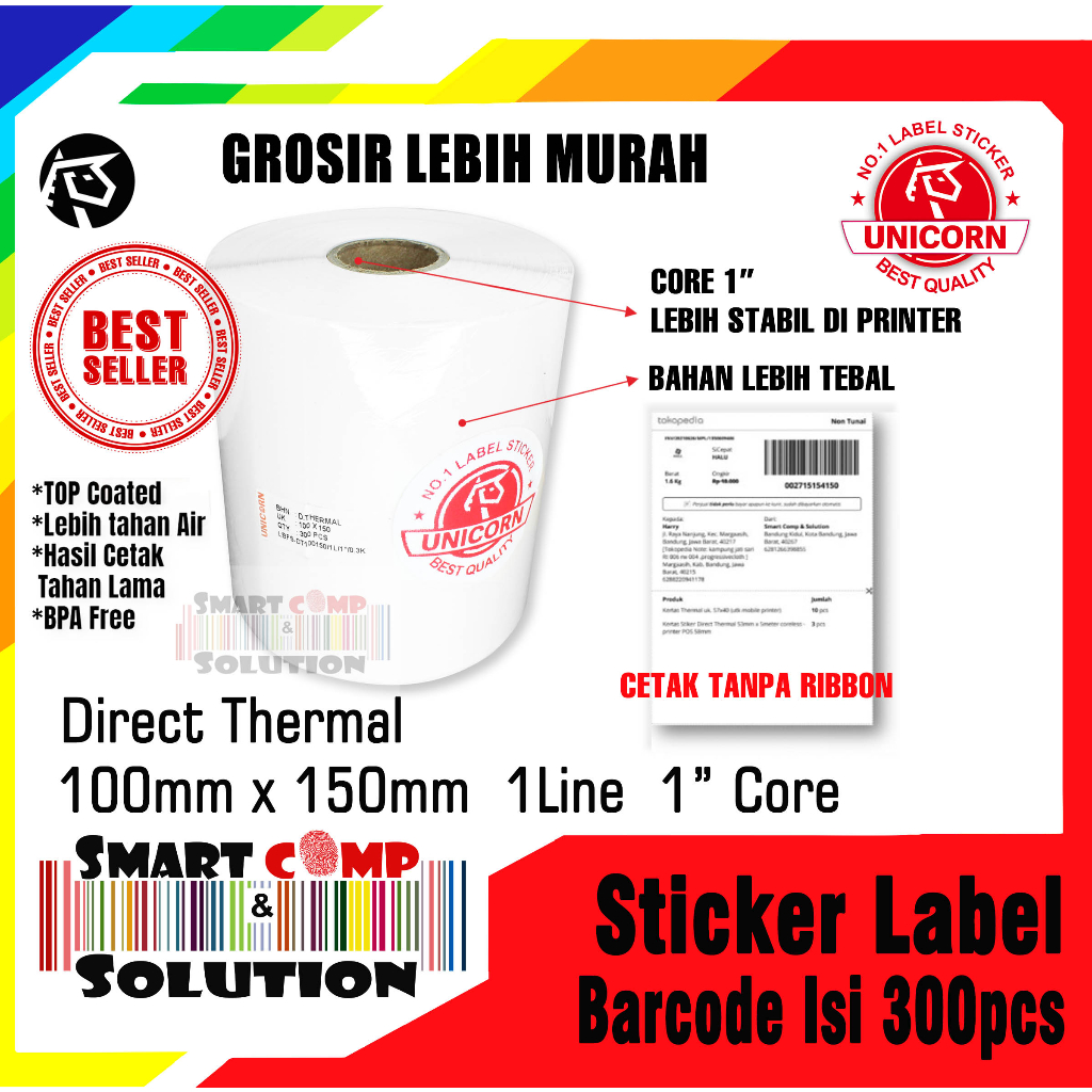 

Kertas Stiker Label Thermal Resi Alamat 100x150mm / 100x150 / A6 1 Line Core 1 inch Isi 300pcs