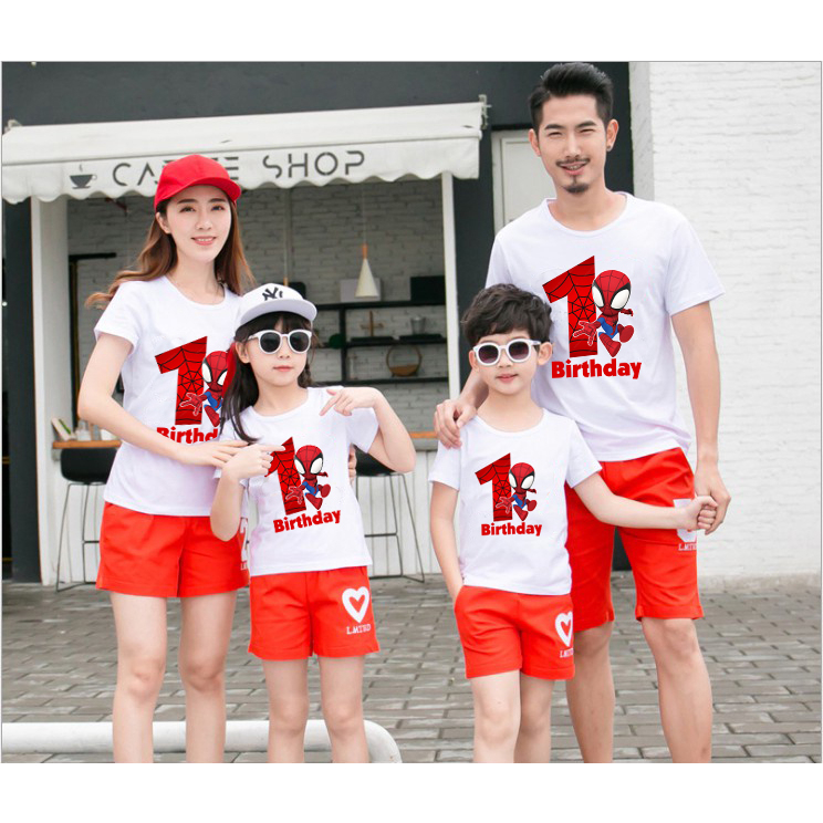 seragam ultah anak gambar Spiderm4n lucu kembar bapak ibu kaos ultah keluarga lengan pendek katun