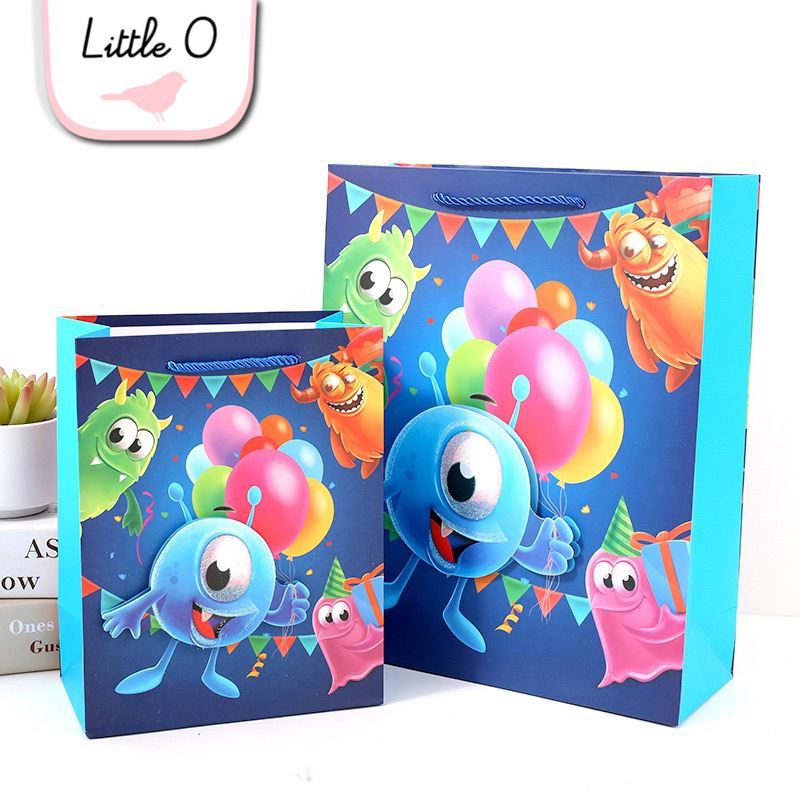 

LITTLE O 3D MONSTER Glitter Birthday Paper Bag Kantong Ulang Tahun Ultah Goodie Bag