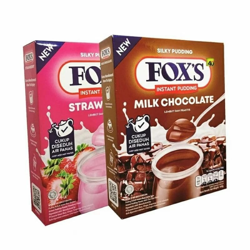 

PUDING FOXS KEMASAN FOIL SILKY INSTANT PUDDING MILK CHOCOLATE DAN STRAWBERRY 160gr (tanpa dus)