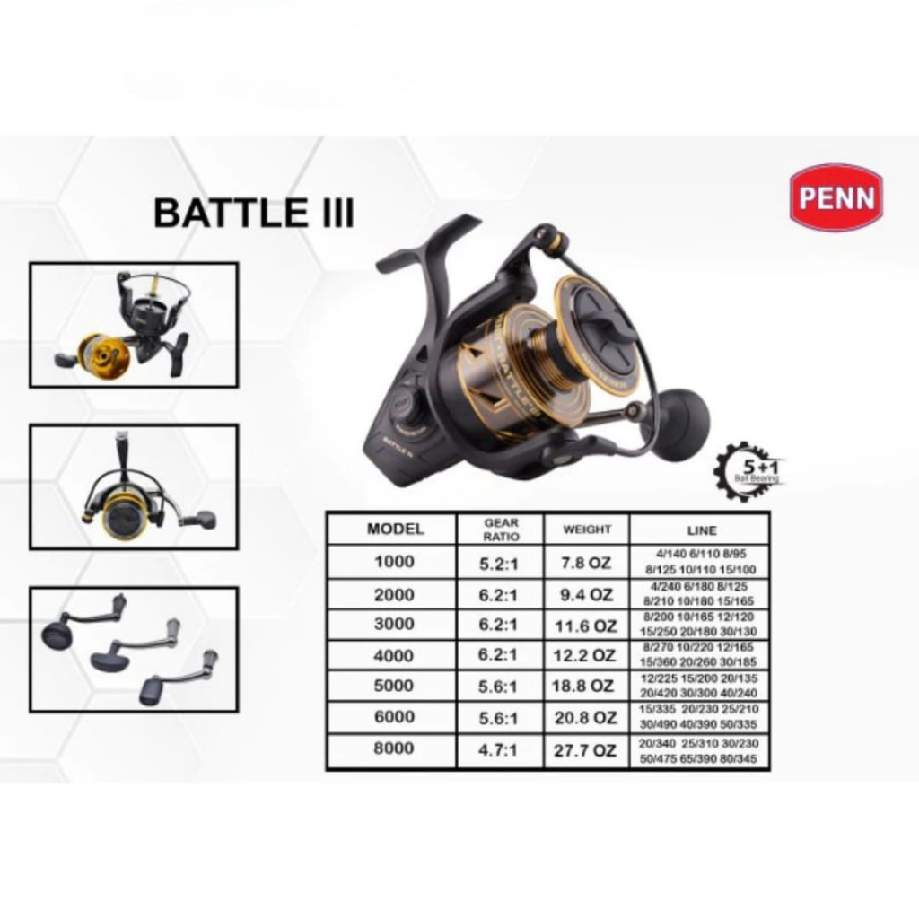 Reel Penn Battle III 3000 , 4000 , 5000 , 6000 , 8000 Penn Battle 3 Metal Body Power Handle Spinning