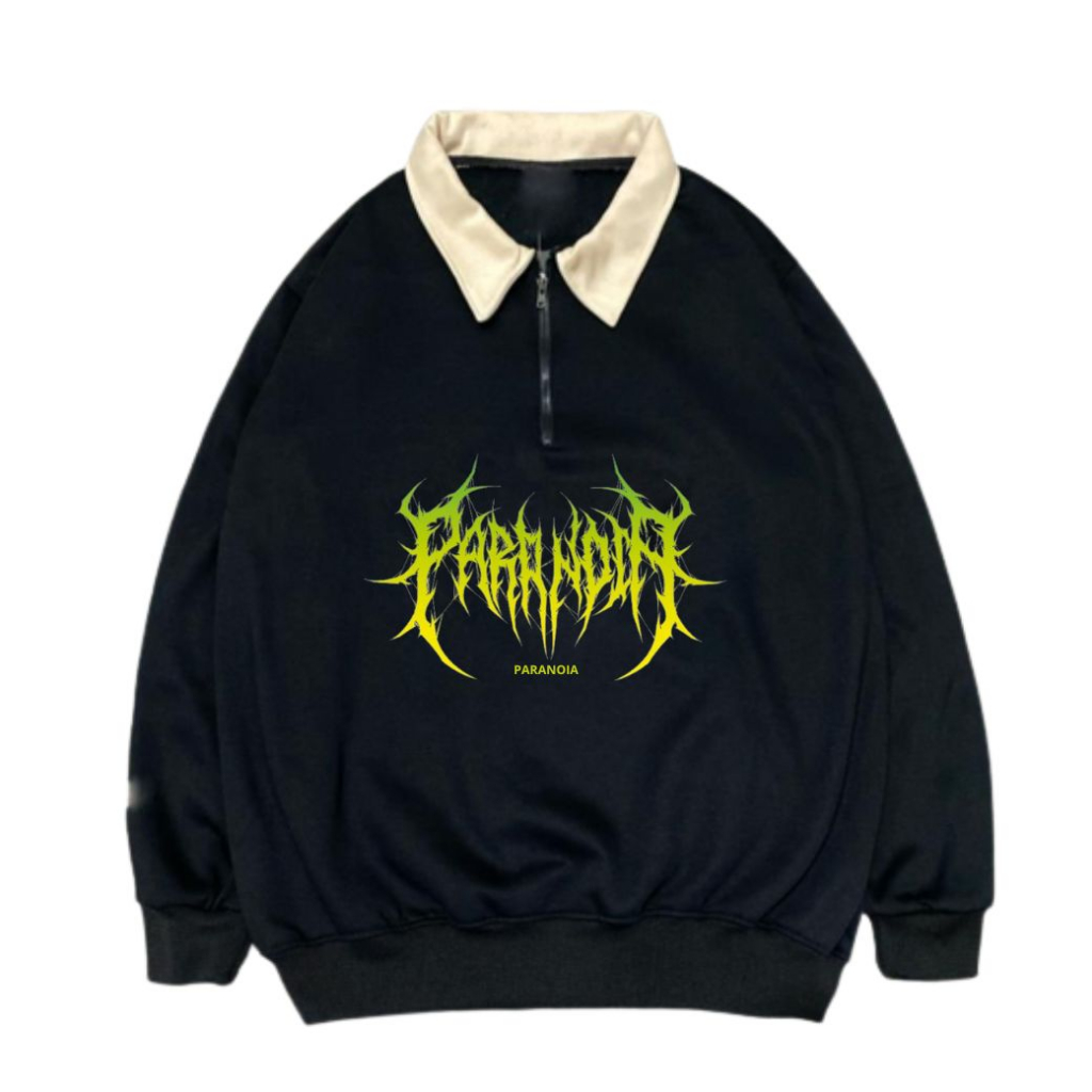 Rugby Jacket Halfzip Black Metal Paranoia | Sweater Rugby Vintage Switer Pria Wanita Premium Distro