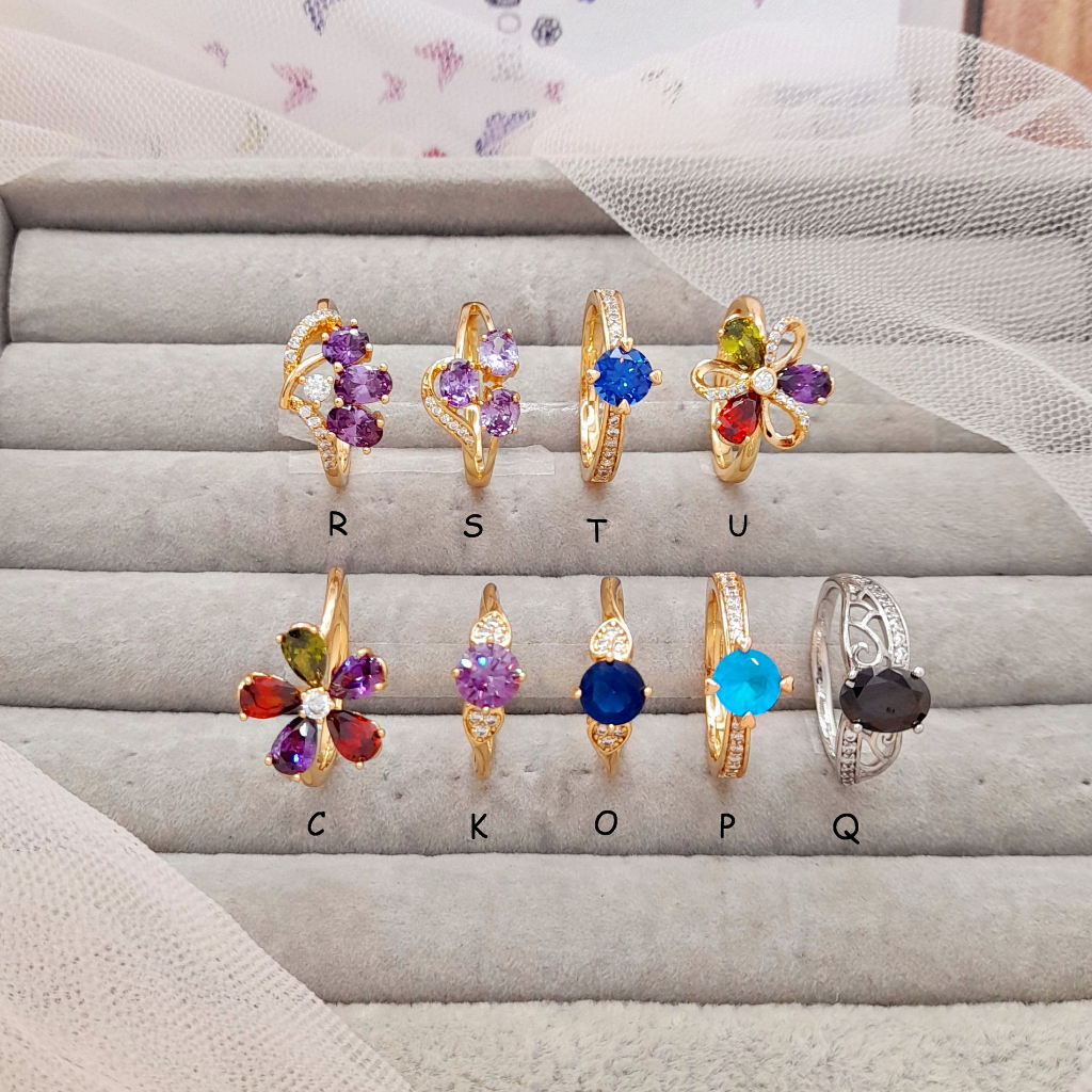 Cincin Merek Xuping Asli Lapis Emas Batu Ungu Hitam Biru Permata Pesta - BR406