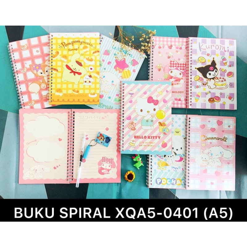 

buku catatan size A5 isi 40 lembar motif karakter sanrio lina bell kuromi kitty hello melody my pochacho pompurin Cinamoroll cute murah buku tukis notes notebook spiral ring