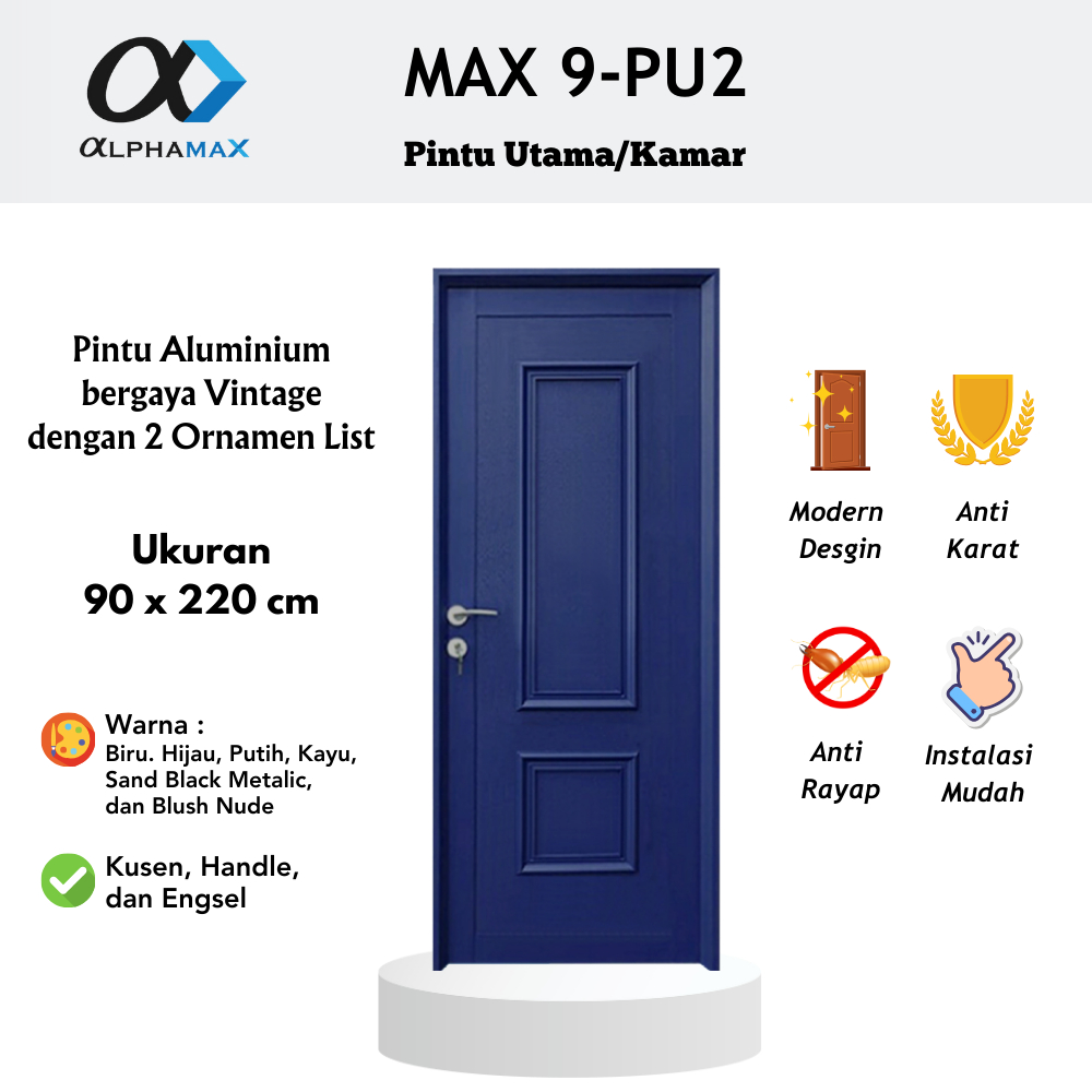 Pintu Aluminium Pintu Rumah Pintu Depan Pintu Utama Pintu Kamar  Full Panel 2 Ornamen Alphamax Max 9