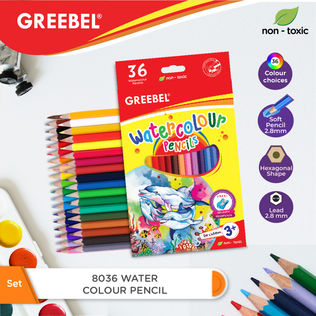 

Greebel Pensil Warna Lengkap Watercolour 12, 24 dan 36 warna Hexagonal Grip Kode 8012, 8024 dan 8036