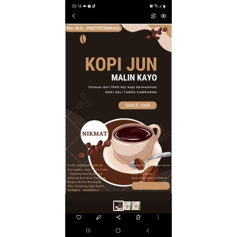 

KOPI JUN MALIN KAYO - Kopi bubuk tanpa campuran - 1kg