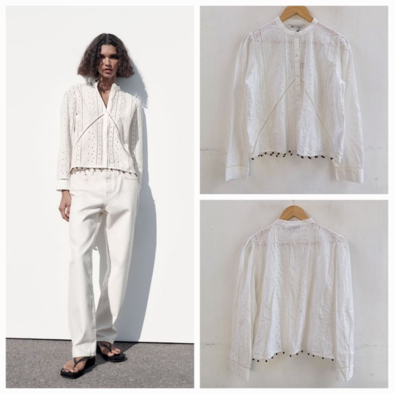 ZARA WOMAN KEMEJA BEADED COTTON BLOUSE PUTIH BARU ASLI ORIGINAL