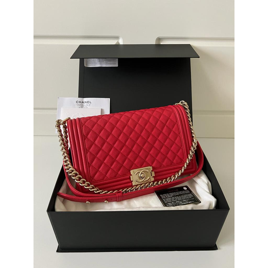 Chanel Boy Medium 28 cm Red Caviar New Tas Wanita Authentic Bag Original Branded Preloved