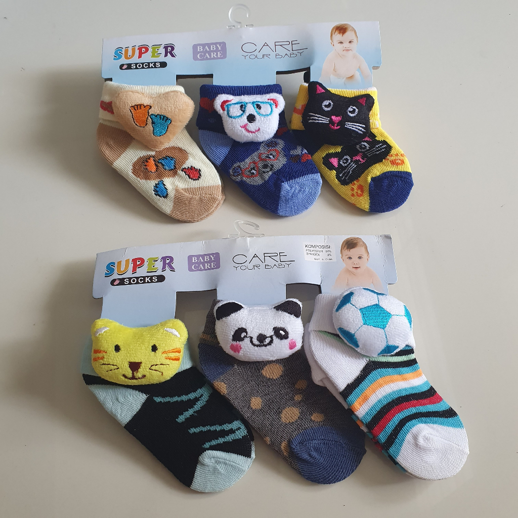 Kaos Kaki Bayi Lucu Murah Motif Boneka Samping Karakter 1 set isi 3 pcs