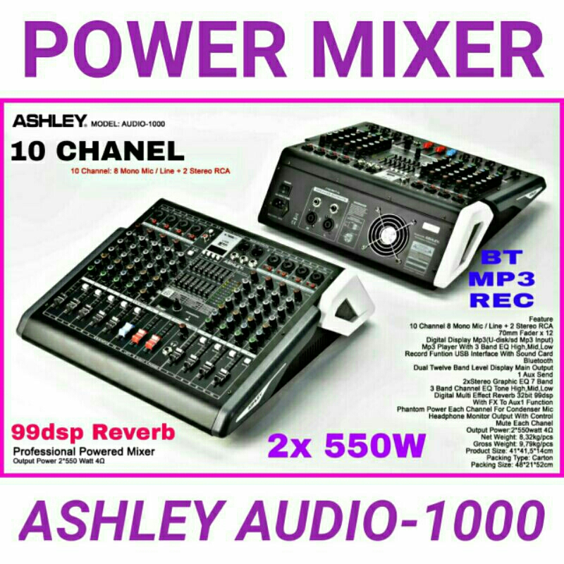 POWER MIXER ASHLEY AUDIO 1000 ORIGINAL AUDIO-1000 550W AUDIO1000 POWER MIXER