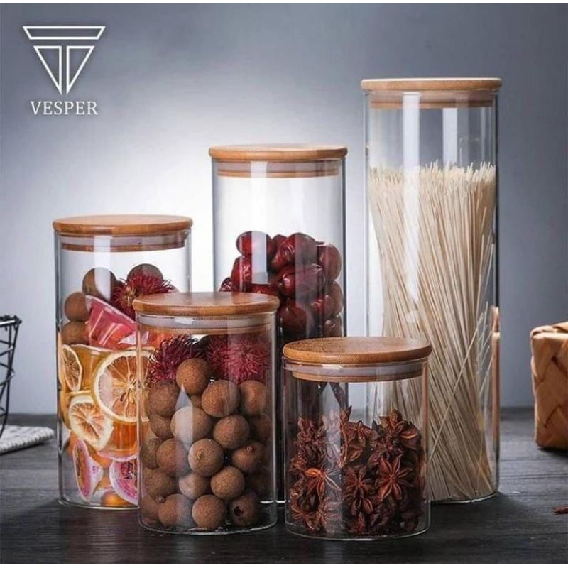 Toples Kaca Set 5 Pcs Ruby Tutup Bambu/toples aesthetic/toples tutup kayu bambu/toples kaca