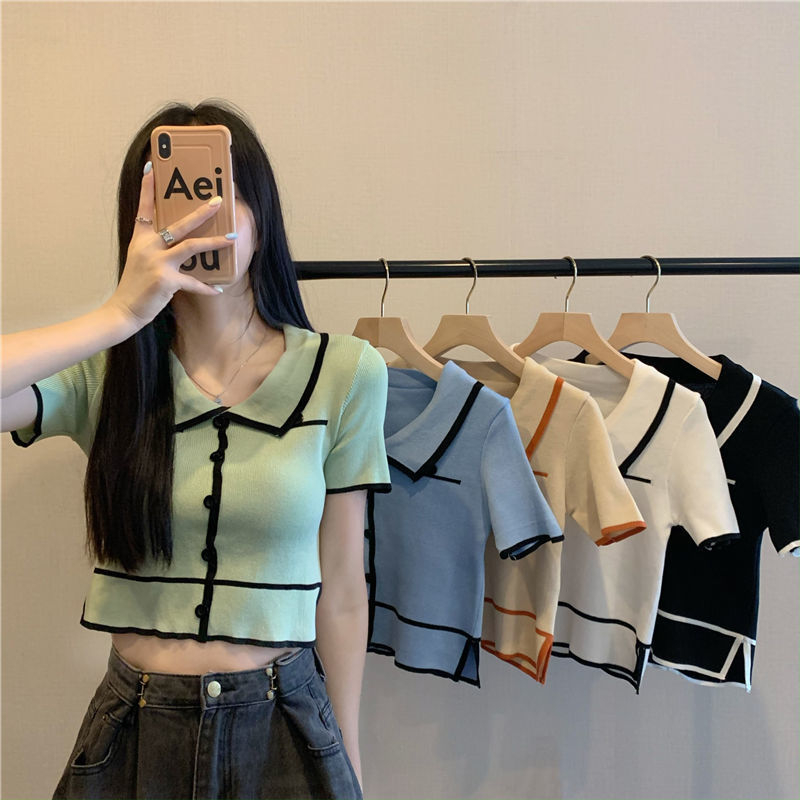 •YF• BJ1368 Baju Atasan Kaos Lengan Pendek Korean Collar Crop Top Atasan Kemeja Knit Fashion korean