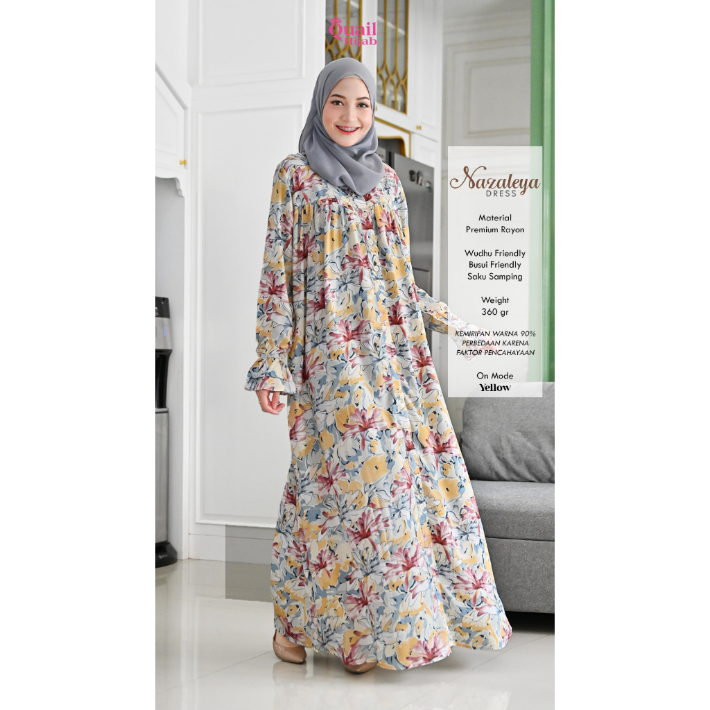 NAZELEYA DRESS Quail Gamis bahan rayon motif bunga bunga