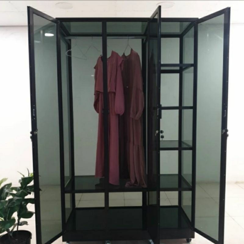 TC ALUMINIUM LB 521 120X55X200 B LEMARI RAK BAJU PREMIUM ALUMINIUM TEBAL COKLAT FULL KACA 5 MM GANTU