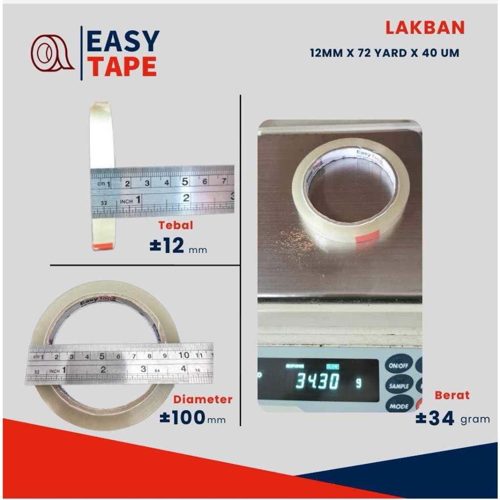 

Lakban bening 12 mm 72 yard 12 pcs (1 slop) Easy Tape