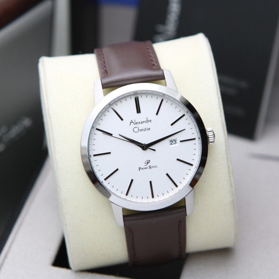 JAM TANGAN PRIA ALEXANDRE CHRISTIE AC 1007 SILVER BROWN KULIT ORI