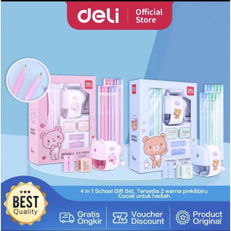 

TOKO_ATK168 Deli Stationery Set 4 in 1 Rautan Pensil 12pcs Pensil 2 Penghapus Dan 2 Penutup Pena 68896