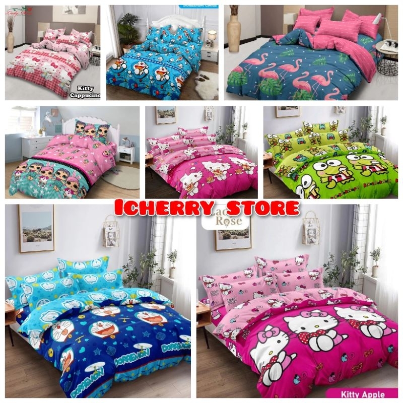5in1 Full Set Bedcover + Sprei Lady Rose 3D Rumbai Karet King Queen 180x200 160x200 Motif Hello Kitt