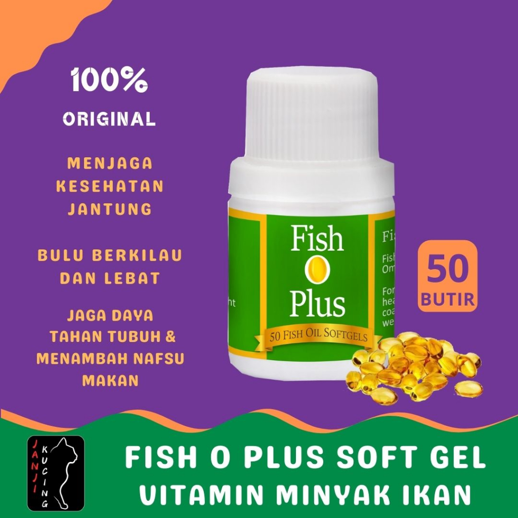 VITAMIN MINYAK IKAN UNTUK KUCING & ANJING,  FISH O PLUS SOFT GEL FISH OIL ISI 50 BUTIR