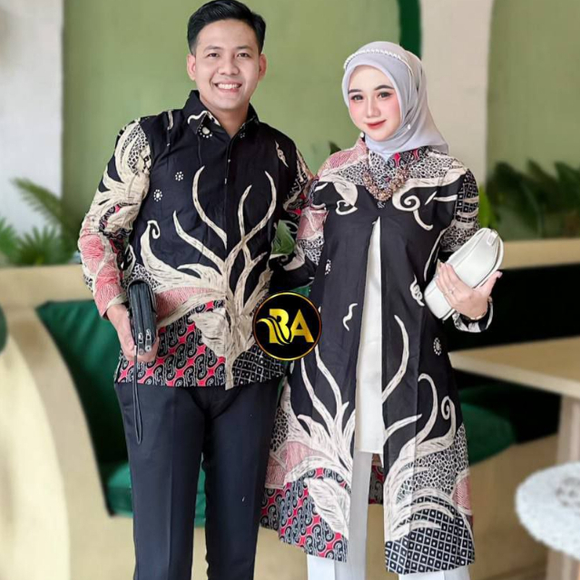 Baju Batik Original Tunik Kemeja Couple Sarimbit Lengan Panjang Motif Ranting Hitam Katun M-XXXL Jum