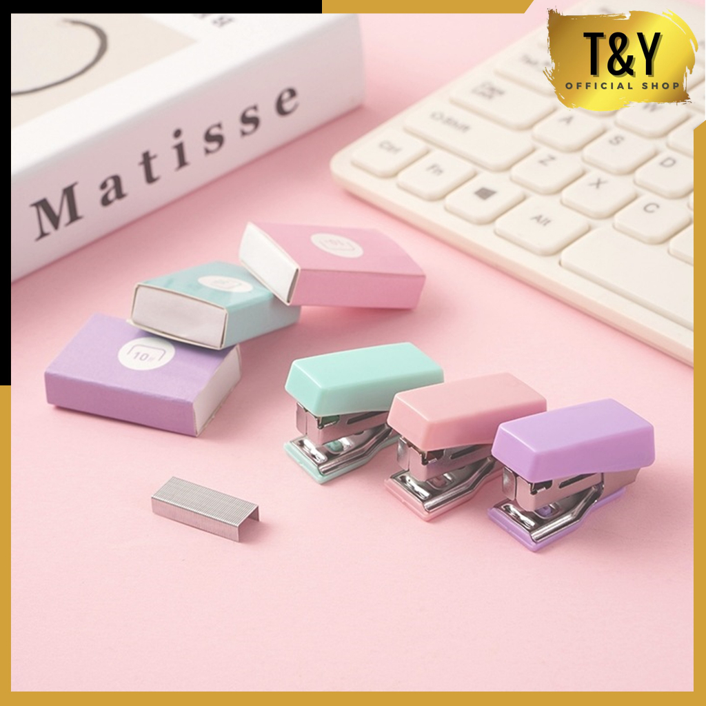 

T&Y Staples Mini Ukuran Kecil Unik Kemasan Box Lucu Mini Stapler Set Macaron Color Free Isi Warna Pastel Perlengkapan Kantor