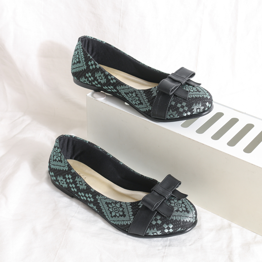 [LAST STOCK SALE] KOSA ORIA Sepatu Flatshoes Wanita Motif Batik Songket Hijau