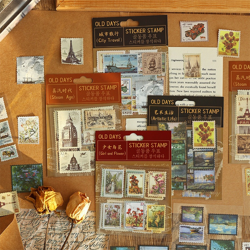 

4 Lembar Stiker Model Perangko Vintage Stamp Sticker untuk Journaling dan Scrapbook