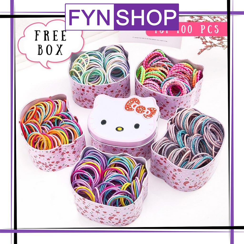 Fynshop ♛ | AR111 Ikat Rambut Anak Isi 100 Free Kaleng Kartun Lucu Aksesoris Karet Rambut Anak