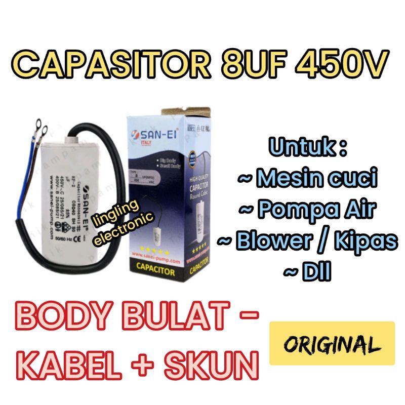 CAPASITOR 8UF 450V MERK SAN-EI ORIGINAL