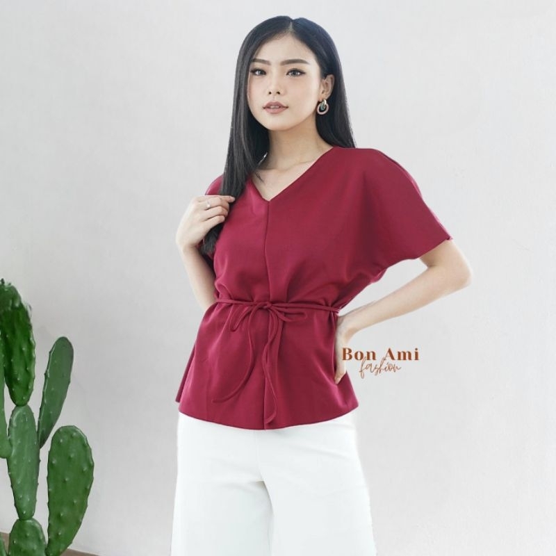 BONAMI Olaf Top - Blouse Belt / Blouse V-Neck Lengan Pendek / Blouse Merah Maroon / Blus Imlek / Blu