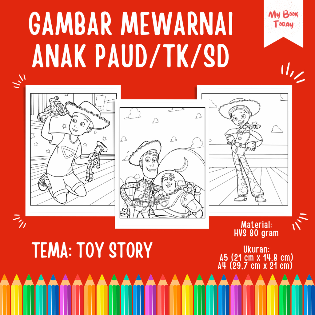 

[My Book Today] Lembar Kertas Sketsa Gambar Mewarnai untuk Anak Sekolah PAUD TK SD Tema Toy Story