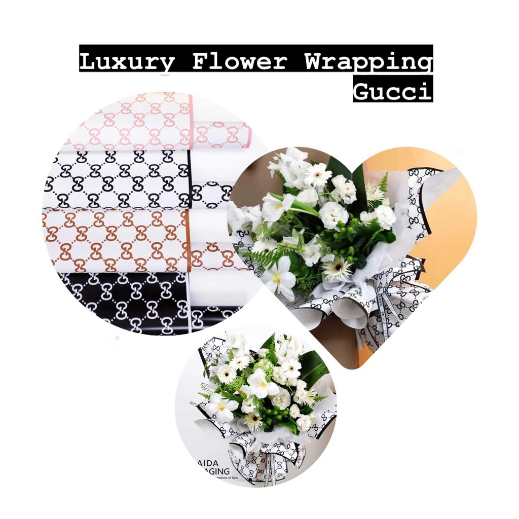 

(KF 29) - (5 LEMBAR) Kertas Bunga Cellophane Luxury Gu*ci Motif Flower Wrapping Korean Style Waterproof Buket Bunga Kertas Buket Floral Wrap