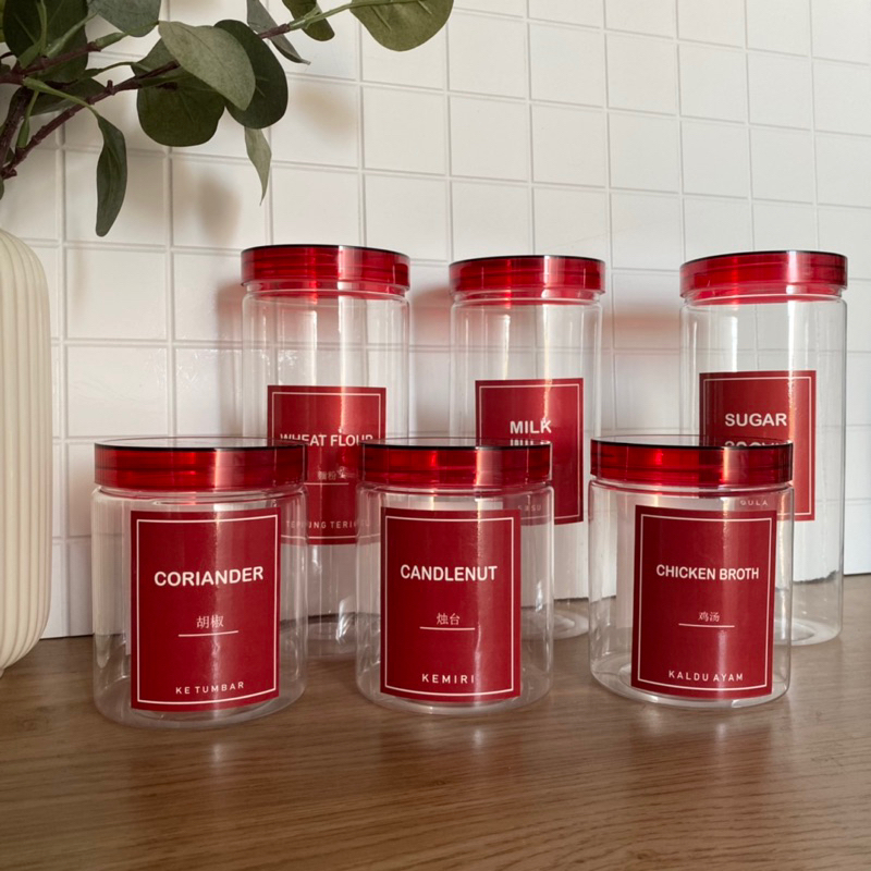 TOPLES PLASTIK TEMPAT BUMBU DAPUR WARNA MERAH TRANSPARAN MODEL MINIMALIS FREE STIKER ANTI AIR