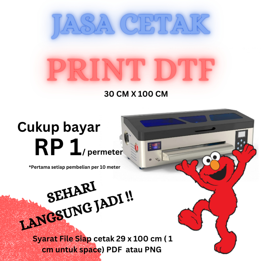 Cetak / Print DTF (Maklon) Large Formal 30x100cm Siap Press Harge per meter