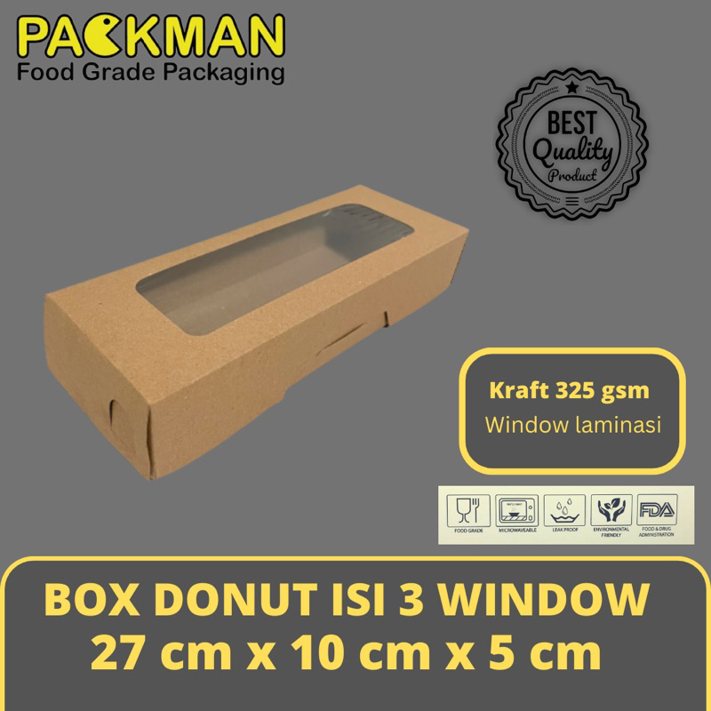 

BOX DONUT ISI 3 WINDOW 27x10x5 / DUS KUE / BROWNIS / BAHAN KRAFT - WINDOW JENDELA