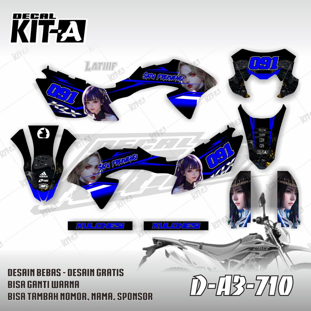 Decal kawasaki KLX 150 BF MOTIF Custom Hitam Biru Simpel D-A3-710